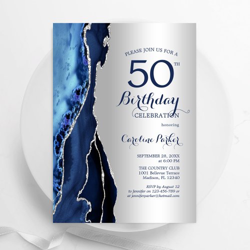 Silver Navy Blue Agate 50th Birthday Invitation