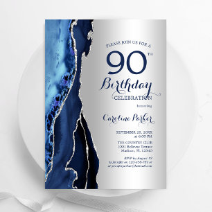 Silver Navy Blue Agate 90th Birthday Invitation