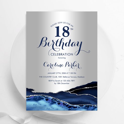 Silver Navy Blue Agate Marble 18th Birthday Invitation
