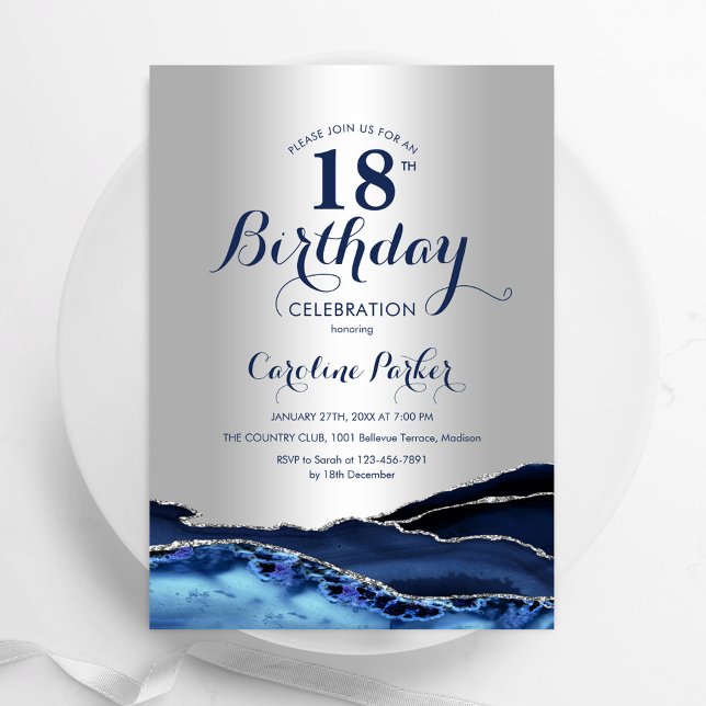 Silver Navy Blue Agate Marble 18th Birthday Invitation (Creator Uploaded)
