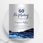 Silver Navy Blue Agate Marble 60th Birthday Invitation<br><div class="desc">Navy blue and silver agate 60th birthday party invitation. Elegant modern design featuring royal blue watercolor agate marble geode background,  faux glitter silver and typography script font. Trendy invite card perfect for a stylish women's bday celebration. Printed Zazzle invitations or instant download digital printable template.</div>