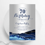 Silver Navy Blue Agate Marble 70th Birthday Invitation<br><div class="desc">Navy blue and silver agate 70th birthday party invitation. Elegant modern design featuring royal blue watercolor agate marble geode background,  faux glitter siler and typography script font. Trendy invite card perfect for a stylish women's bday celebration. Printed Zazzle invitations or instant download digital printable template.</div>
