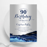 Silver Navy Blue Agate Marble 90th Birthday Invitation<br><div class="desc">Navy blue and silver agate 90th birthday party invitation. Elegant modern design featuring royal blue watercolor agate marble geode background,  faux glitter silver and typography script font. Trendy invite card perfect for a stylish women's bday celebration. Printed Zazzle invitations or instant download digital printable template.</div>