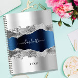 Silver navy blue agate marble name elegant 2024 planner<br><div class="desc">Faux silver and navy blue metal and agate,  marble stone print as background Personalize and add your name. The name is written with a modern hand lettered style script.</div>