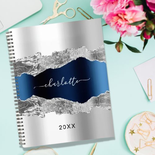 Silver navy blue agate marble name elegant 2024 planner