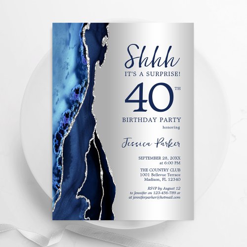 Silver Navy Blue Agate Surprise 40th Birthday Invitation