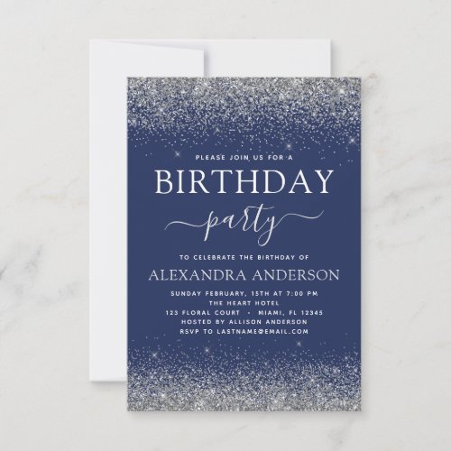 Silver Navy Blue Any Age Birthday Modern Glitter Invitation