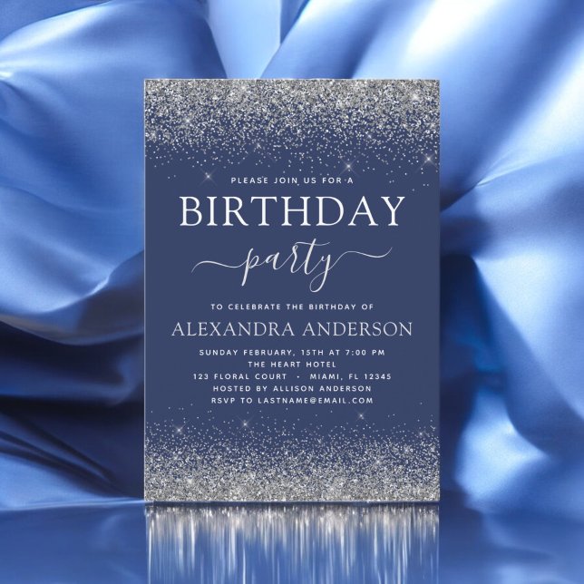 Silver Navy Blue Any Age Birthday Modern Glitter Invitation (Creator Uploaded)
