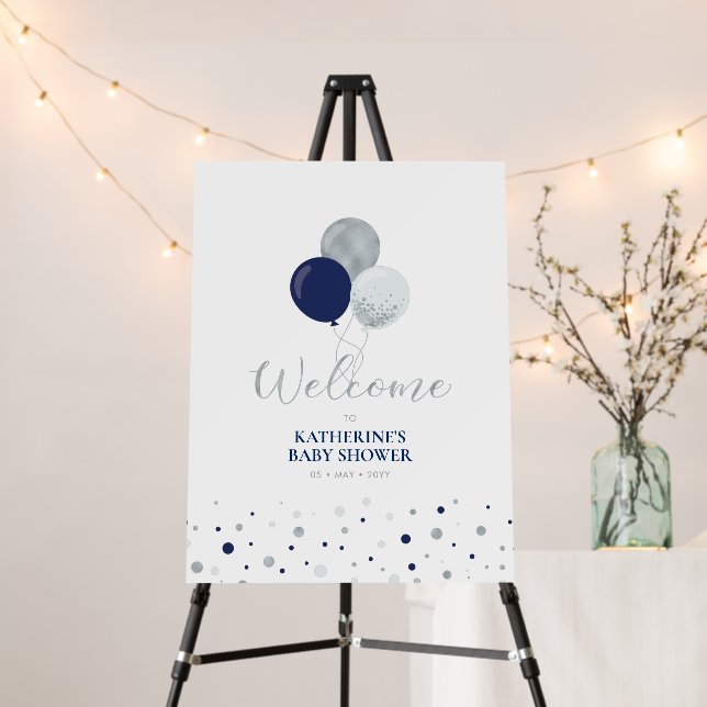 Silver & Navy Blue Balloons | Baby Shower Welcome Foam Board (In Situ (Stand))
