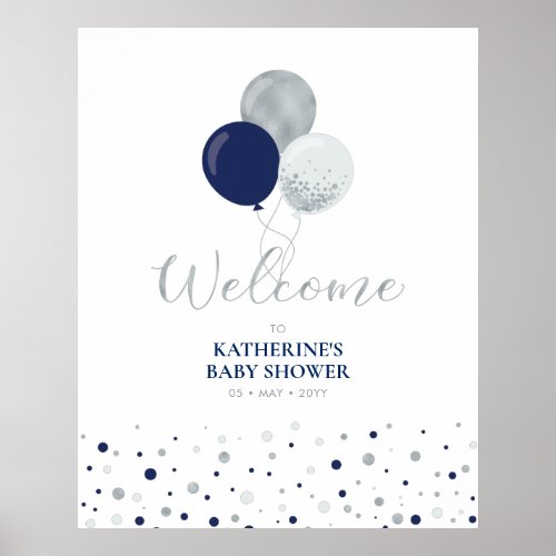 Silver  Navy Blue Balloons  Baby Shower Welcome Poster