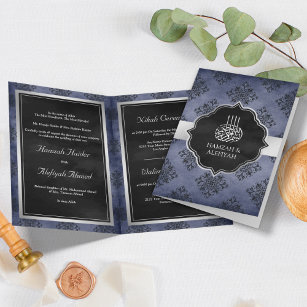 Silver Navy Blue Black Damask Muslim Wedding Invitation