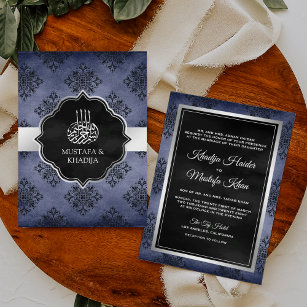 Silver Navy Blue Black Damask Muslim Wedding Invitation