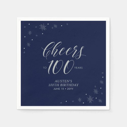 Silver  Navy Blue Cheers 100th Birthday Party Napkins