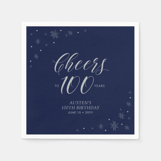 Silver & Navy Blue Cheers 100th Birthday Party Napkins (Front)