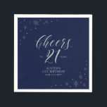 Silver & Navy Blue Cheers 21st Birthday Party Napkins<br><div class="desc">Add detail to your 21st birthday party with this personalized paper napkin. This design features chic silver typography and sparkle graphics on a dark navy blue background. You can customize the text and background color. Matching invitations and party supplies are available at my shop BaraBomDesign.</div>