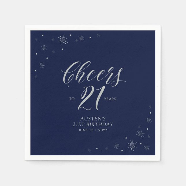 Silver & Navy Blue Cheers 21st Birthday Party Napkins (Front)