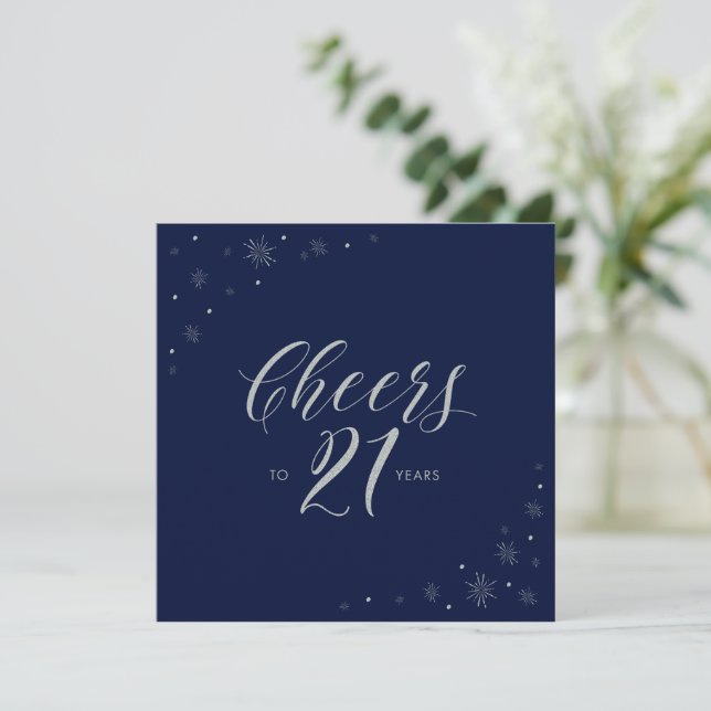 Silver Navy Blue Cheers 21st Birthday Party Square Invitation (Standing Front)