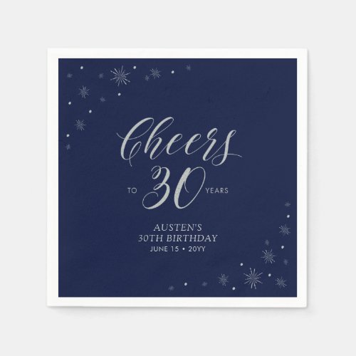 Silver  Navy Blue Cheers 30th Birthday Party Napkins