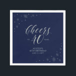 Silver & Navy Blue Cheers 40th Birthday Party Napkins<br><div class="desc">Add detail to your 40th birthday party with this personalized paper napkin. This design features chic silver typography and sparkle graphics on a dark navy blue background. You can customize the text and background color. Matching invitations and party supplies are available at my shop BaraBomDesign.</div>