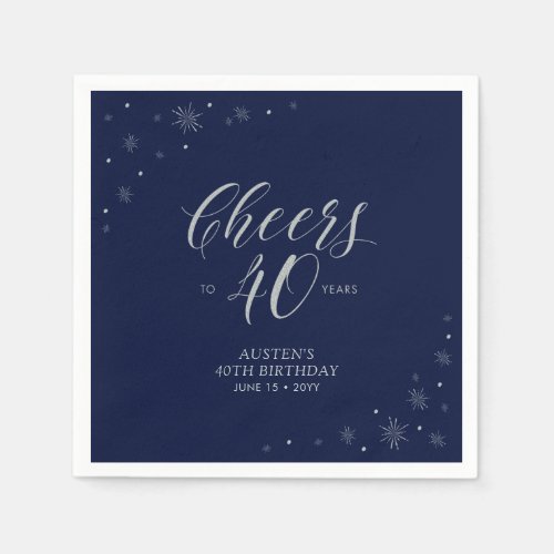 Silver  Navy Blue Cheers 40th Birthday Party Napkins