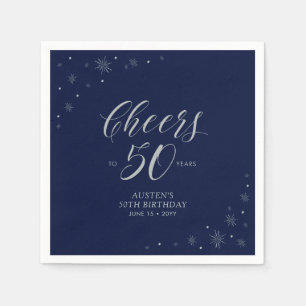 Silver & Navy Blue Cheers 50th Birthday Party Napkins