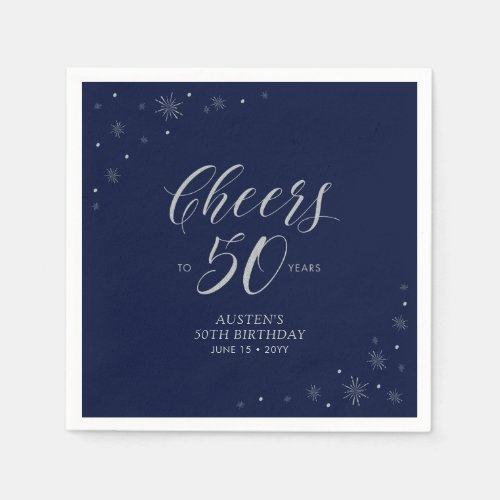 Silver  Navy Blue Cheers 50th Birthday Party Napkins