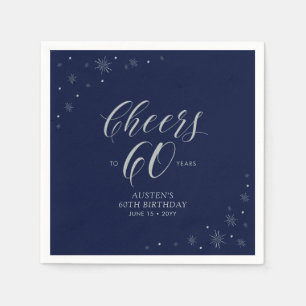 Silver & Navy Blue Cheers 60th Birthday Party Napkins