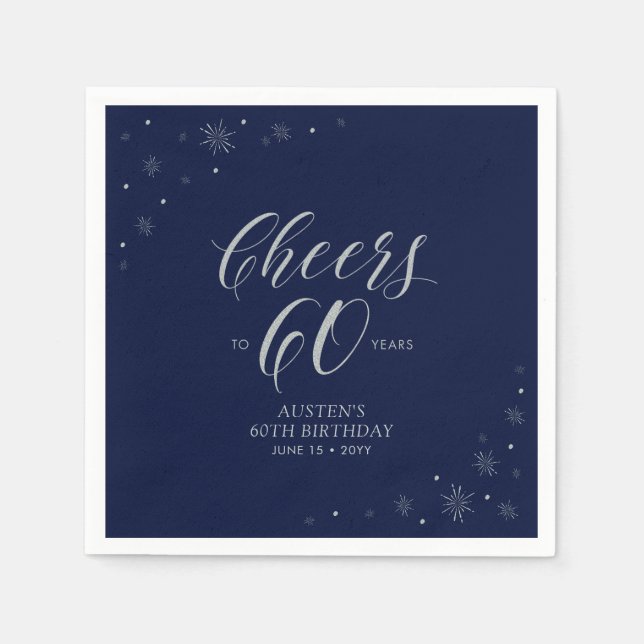 Silver & Navy Blue Cheers 60th Birthday Party Napkins (Front)