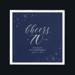 Silver & Navy Blue Cheers 70th Birthday Party Napkins<br><div class="desc">Add detail to your 70th birthday party with this personalized paper napkin. This design features chic silver typography and sparkle graphics on a dark navy blue background. You can customize the text and background color. Matching invitations and party supplies are available at my shop BaraBomDesign.</div>