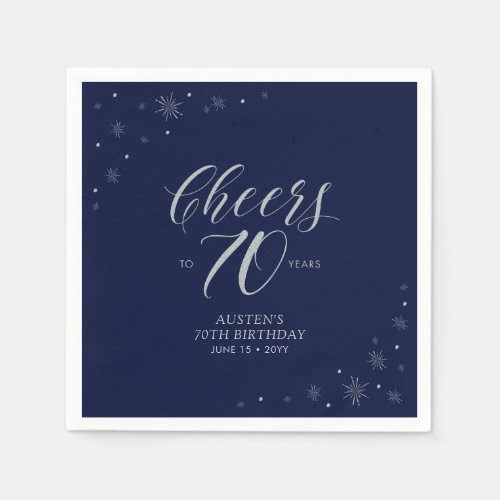 Silver  Navy Blue Cheers 70th Birthday Party Napkins