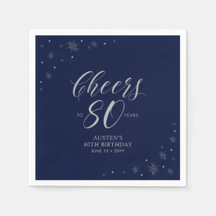 Silver & Navy Blue Cheers 80th Birthday Party Napkins