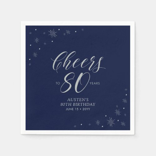 Silver  Navy Blue Cheers 80th Birthday Party Napkins