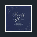 Silver & Navy Blue Cheers 90th Birthday Party Napkins<br><div class="desc">Add detail to your 90th birthday party with this personalized paper napkin. This design features chic silver typography and sparkle graphics on a dark navy blue background. You can customize the text and background color. Matching invitations and party supplies are available at my shop BaraBomDesign.</div>