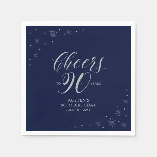 Silver  Navy Blue Cheers 90th Birthday Party Napkins