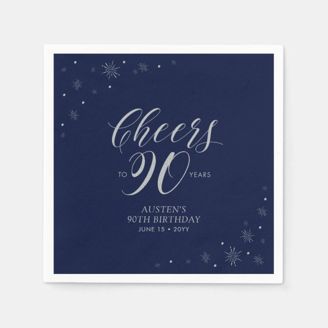 Silver & Navy Blue Cheers 90th Birthday Party Napkins (Front)