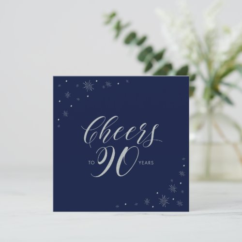 Silver Navy Blue Cheers 90th Birthday Party Square Invitation