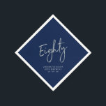 Silver Navy Blue Cheers Eighty 80th Birthday Party Napkins<br><div class="desc">This custom paper napkin will add stylish detail to your 80th birthday celebration. This design features chic silver lettering "Eighty" with navy blue background. Matching invitations and party supplies are available in my shop BaraBomDesign.</div>