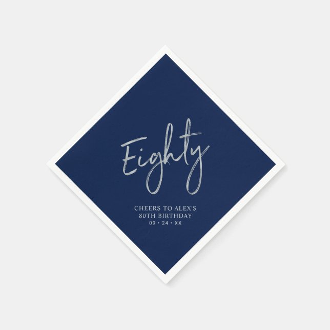Silver Navy Blue Cheers Eighty 80th Birthday Party Napkins (Corner)