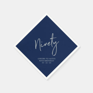 Silver Navy Blue Cheers Ninety 90th Birthday Party Napkins