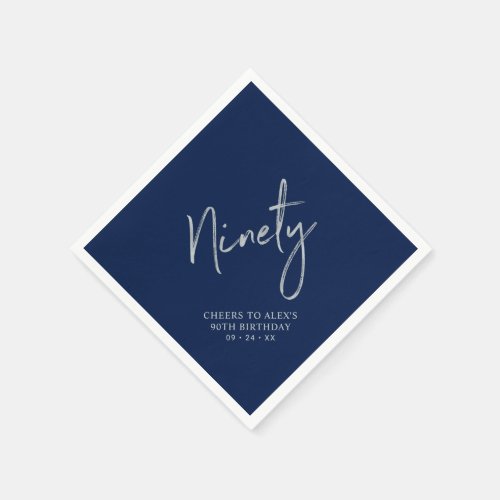 Silver Navy Blue Cheers Ninety 90th Birthday Party Napkins