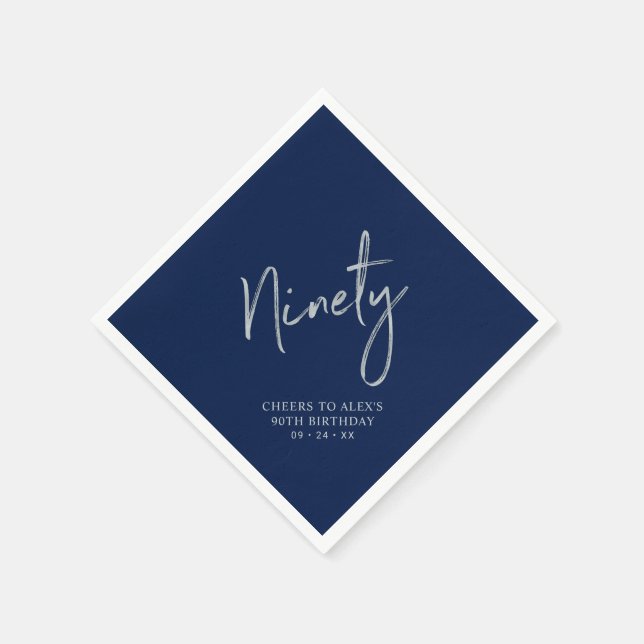 Silver Navy Blue Cheers Ninety 90th Birthday Party Napkins (Corner)