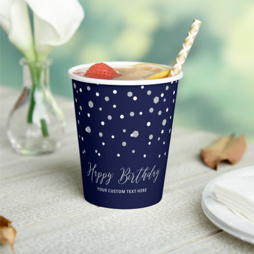 Silver  Navy Blue Confetti Adult Birthday Party Paper Cups