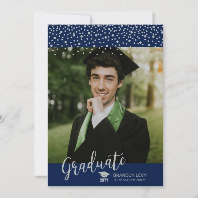 Silver & Navy Blue Confetti Photo Graduation Announcement (Front)
