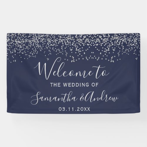 Silver navy blue confetti typography wedding banner
