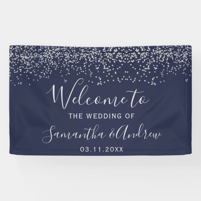 Silver navy blue confetti typography wedding banner (Horizontal)