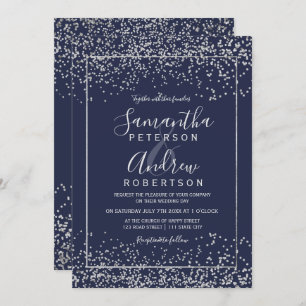 Silver navy blue confetti typography wedding invitation