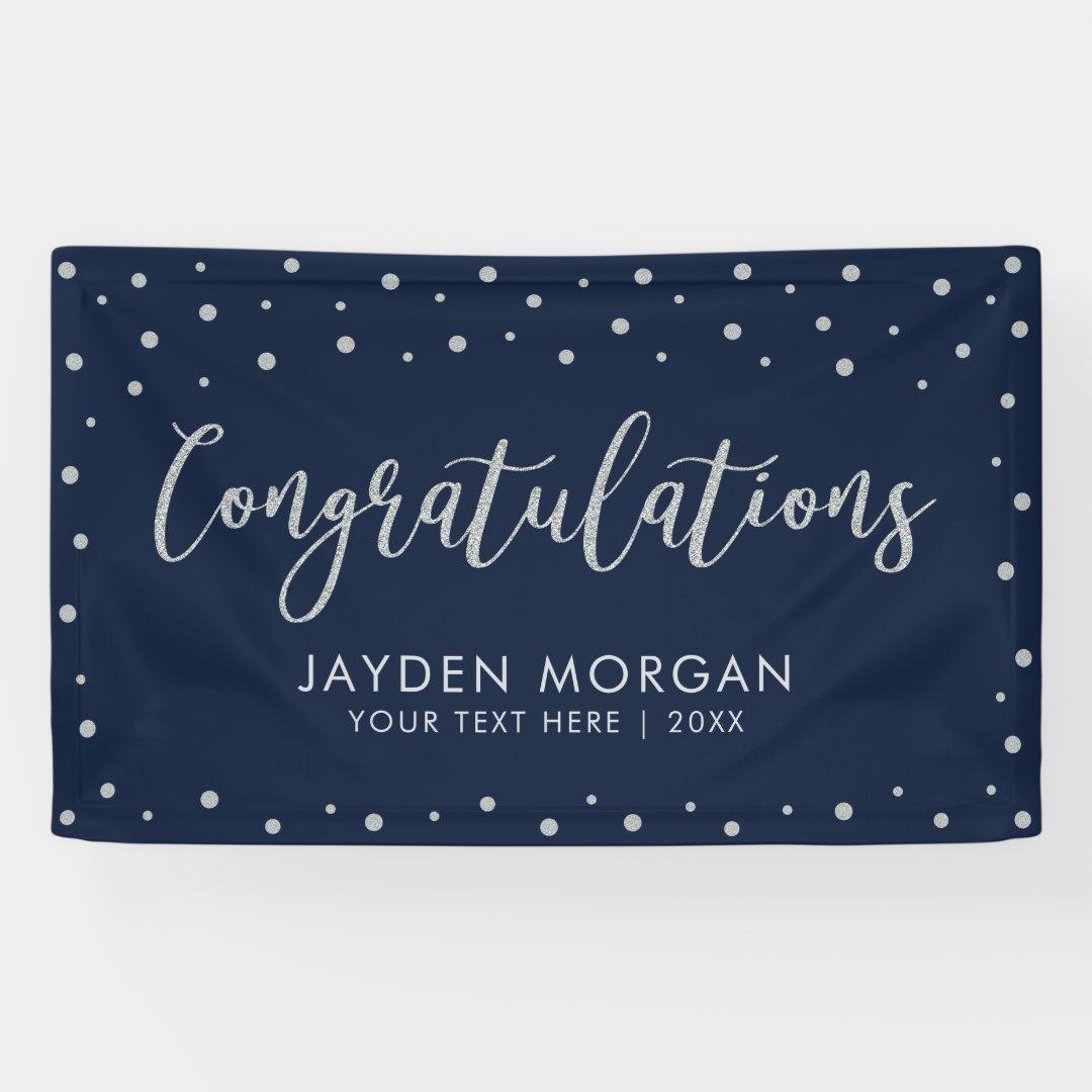 Silver & Navy Blue | Congratulations Party Event Banner | Zazzle