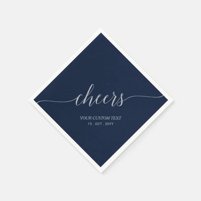 Silver Navy Blue Elegant Stylish Lettering Cheers Napkins (Corner)