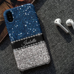 Silver Navy Blue Faux Glitter Bling Personalized Case-Mate iPhone 14 Pro Max Case