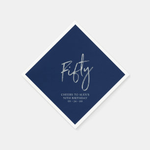 Silver & Navy Blue Fifty 50th Birthday Party Napkins